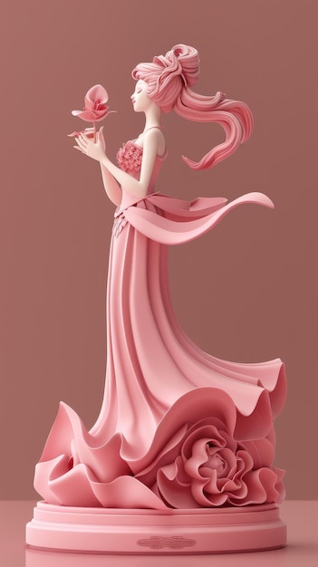 Pink Figurine of Woman Holding Flower