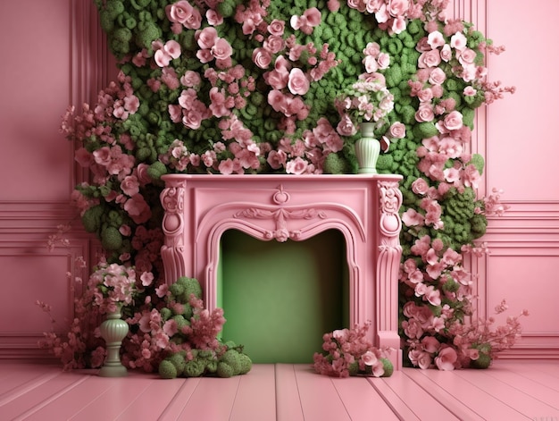Розовый камин с розовыми цветами на стене