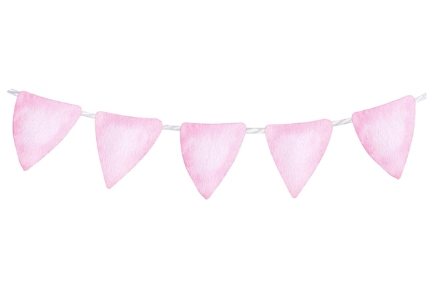 Pink flags girl Handdrawn watercolor illustration isolated gender reveal party baby shower