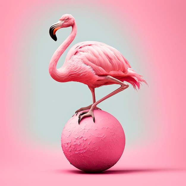 Pink Flamingo balancing on a pink ball pink background