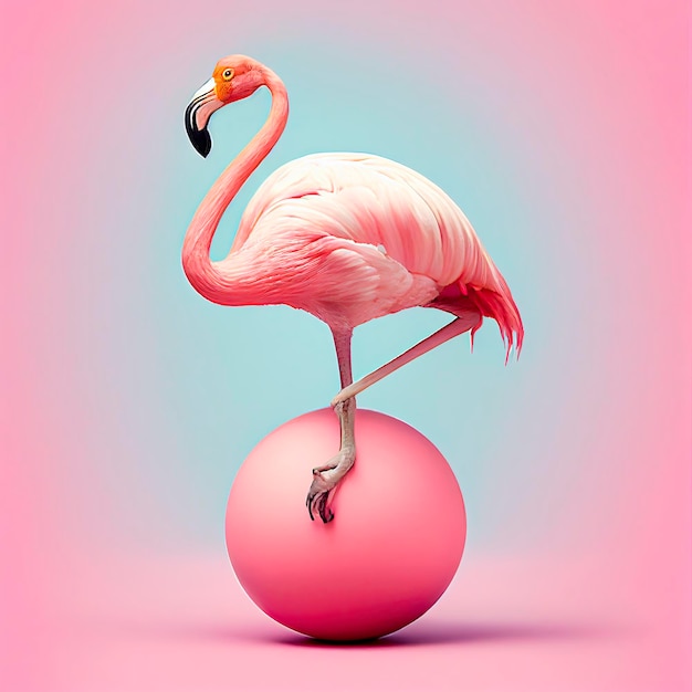 Pink Flamingo balancing on a pink ball pink background