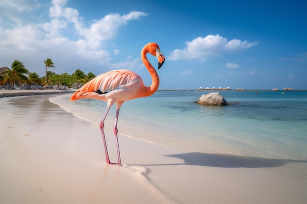 Pink flamingo at beach in Aruba