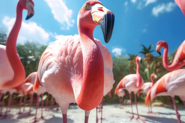Pink flamingo on the beach with Ai Generated