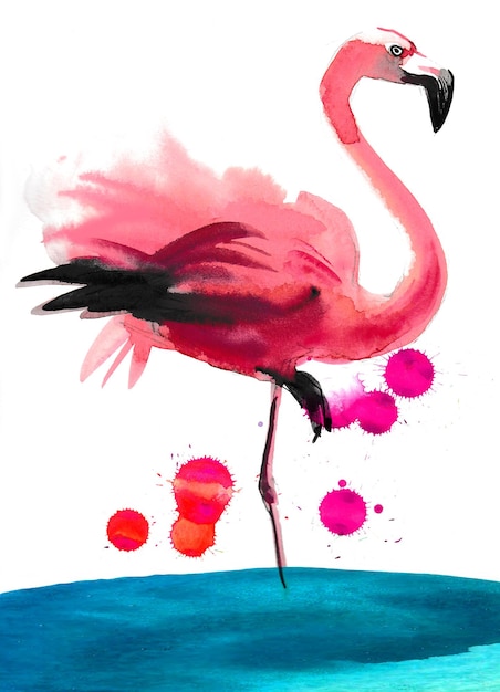 ピンクのフラミンゴ鳥 インクと水彩画