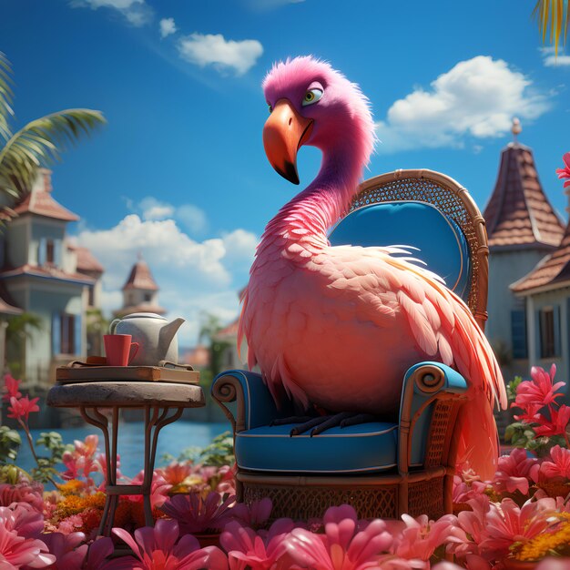 Pink flamingo bird in summer