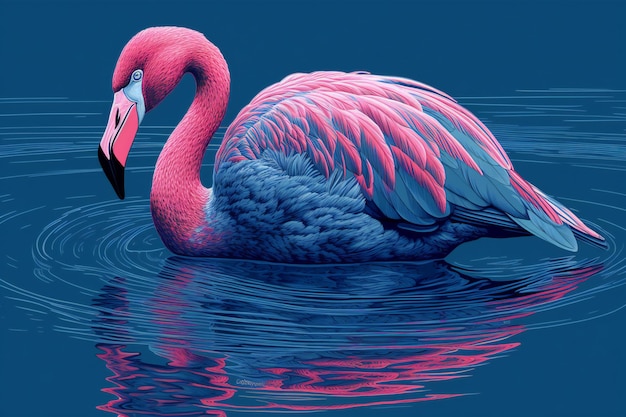 Pink flamingo on a blue background with reflection in the water