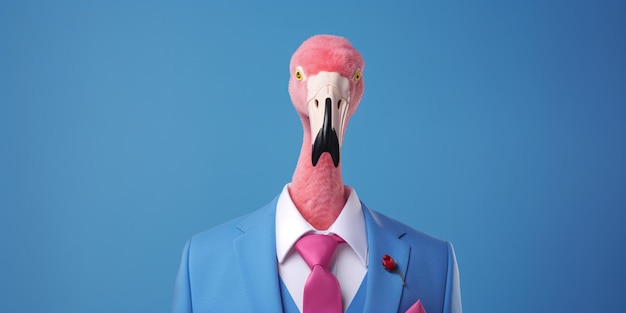 A pink flamingo in a blue suit with a pink tie.