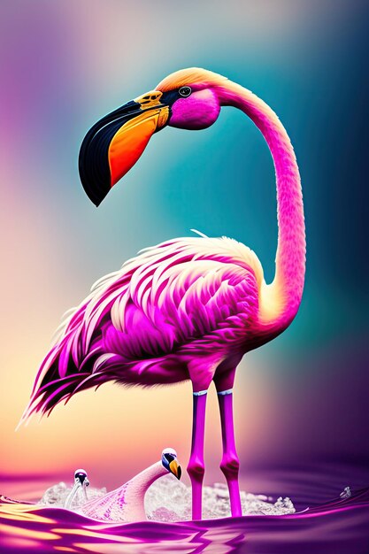 Photo pink flamingo dancing in the water digital art