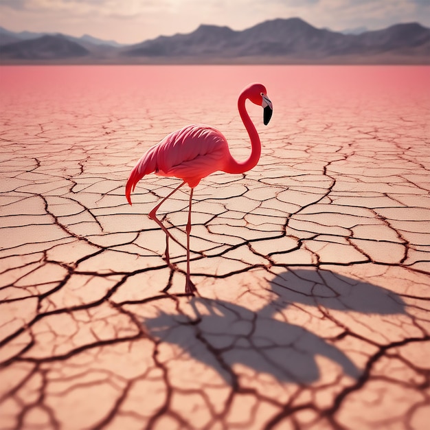 Розовый фламинго на сухом потрескавшемся дне озера под солнечным небом подчеркивает потрескавшуюся текстуру озера