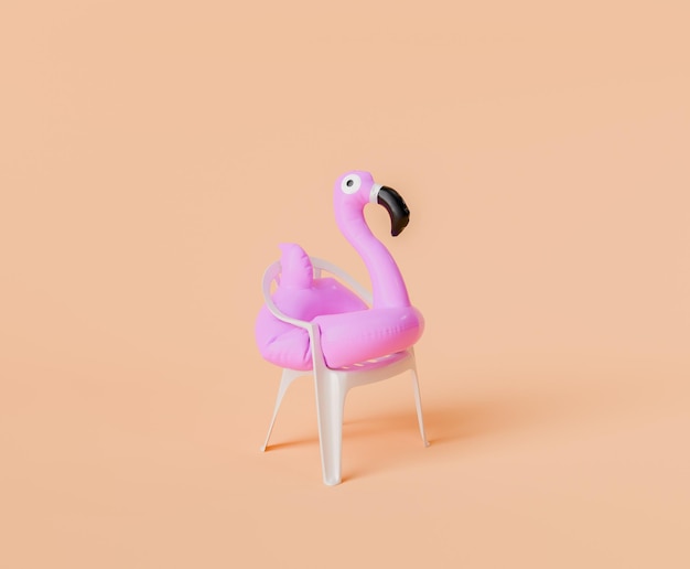 Фото Розовый фламинго на белом пластиковом стуле на персиковом фоне