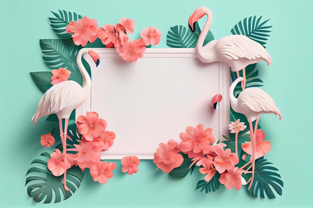 A pink flamingo frame with flowers and flamingos on it.