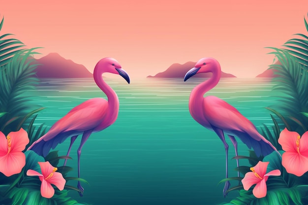 A pink flamingo is standing in front of a lake with a pink background.