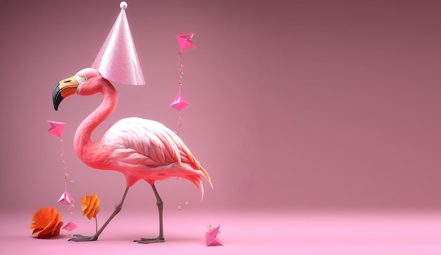 Photo a pink flamingo is standing in front of a pink background with paper butterflies.
