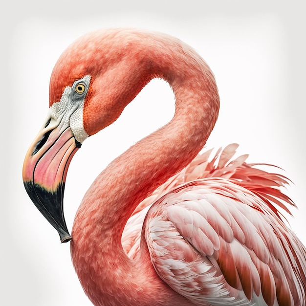 Розовый фламинго изолирован на белом крупном плане, прекрасная птица, красивая иллюстрация животных