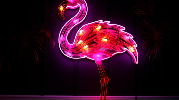 pink flamingo in night neon light on a black background