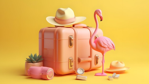 A pink flamingo and a pink flamingo are on a yellow background.