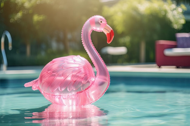 A pink flamingo pool float in a crystalclear pink life