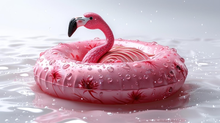 Photo pink flamingo pool float with water drops