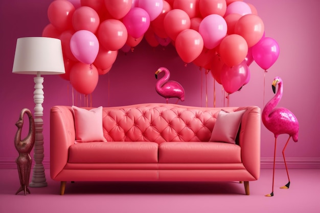 Pink flamingo room with balloons Rosy sofa in pinkish decorated living room Generate ai