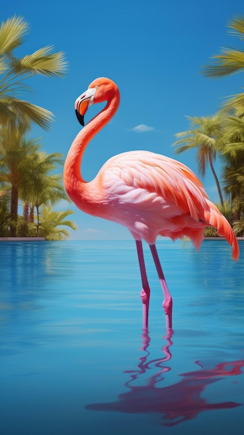 Розовый фламинго, грациозно стоящий в бассейне воды.