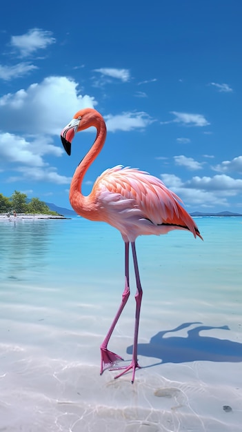 a pink flamingo standing in water on a white sand beach