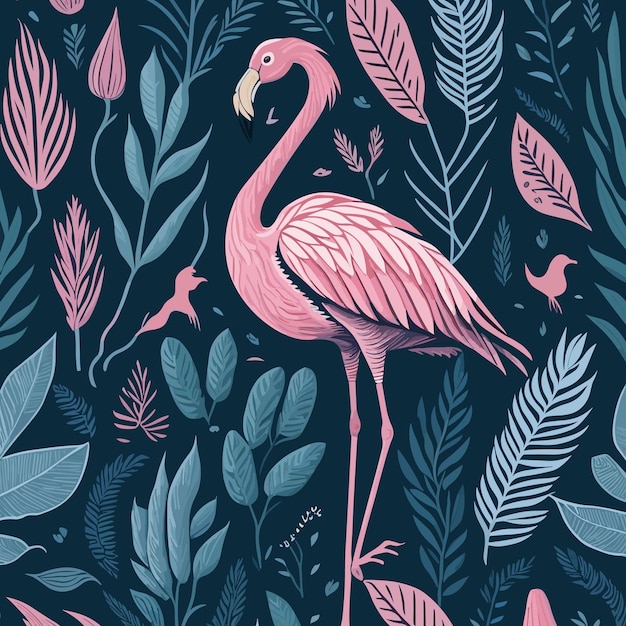 A pink flamingo stands in the jungle with tropical plants.