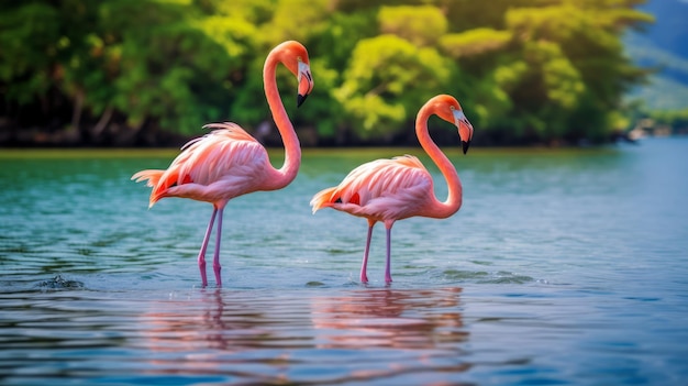 Pink flamingo stands in the sea