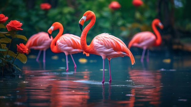 Pink flamingo stands in the sea