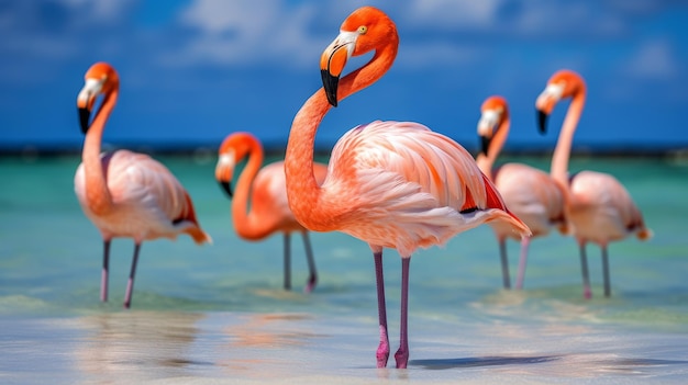 Розовый фламинго стоит в море