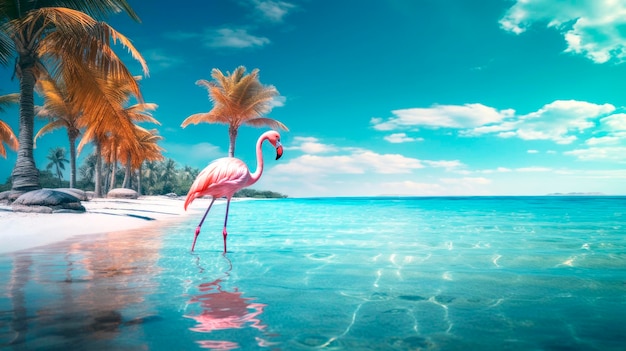 Pink flamingo stands in the sea