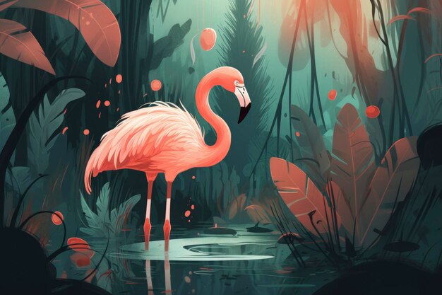 A pink flamingo stands in a swamp with a jungle background.