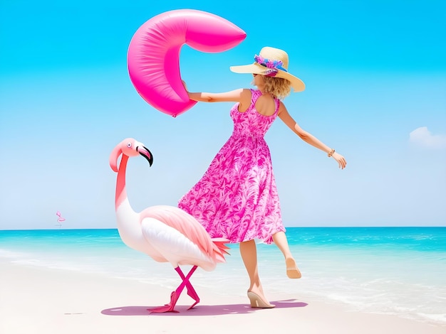 Розовый фламинго Стильная привлекательная женщина счастья в розовом платье танцует, вращаясь на морском пляже
