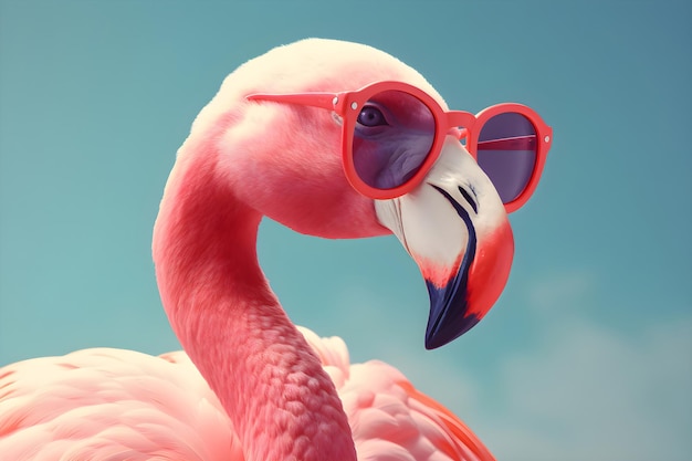 Pink flamingo in sunglasses on a blue background Generative AI 2