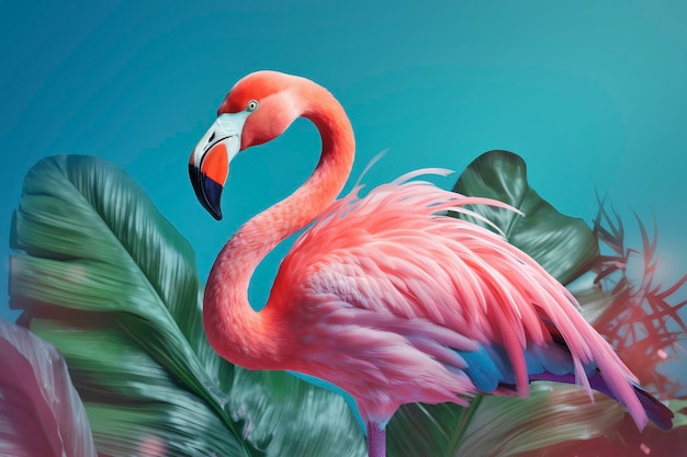 Pink flamingo in tropical leaves on a blue background AI generative