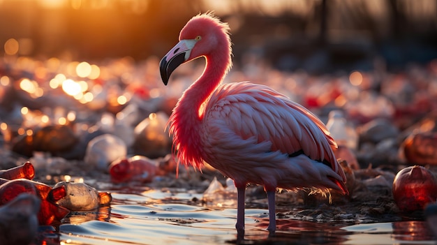 Pink flamingo in the water among plastic bottles and garbage