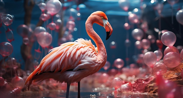 Pink flamingo in the water among plastic bottles and garbage