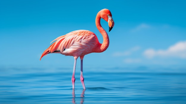 Pink flamingo over the water