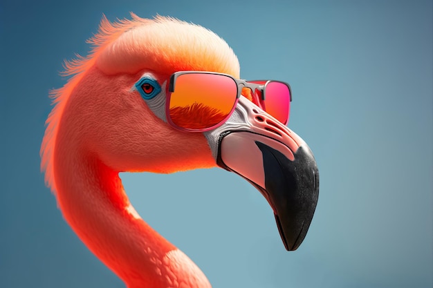 Pink flamingo wearing summer sunglasses Summer background Generative ai