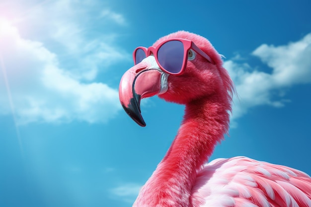 Pink flamingo wearing sunglasses outdoors with blue sky ai