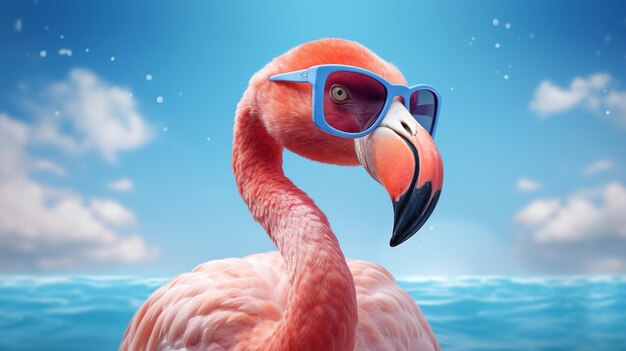 a pink flamingo wearing sunglasses and sitting in the water