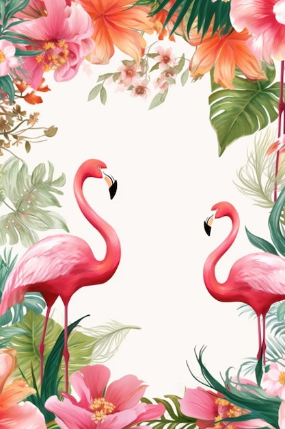 Photo a pink flamingo on a white background with tropical leaves and flowers.