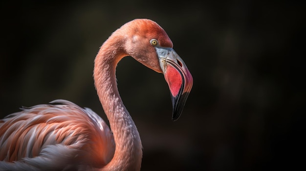 A pink flamingo with a black background