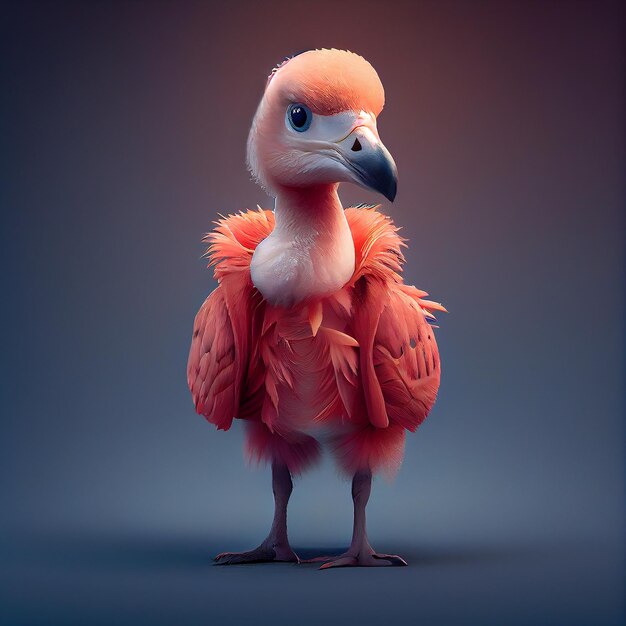 A pink flamingo with a black beak and a black beak is standing on a blue background.