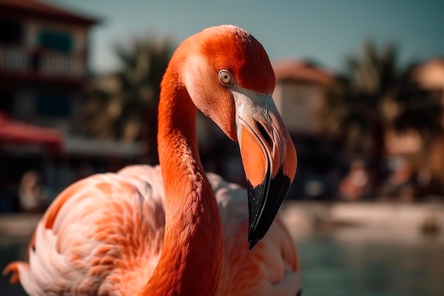 A pink flamingo with a black beak stands in front of a building.