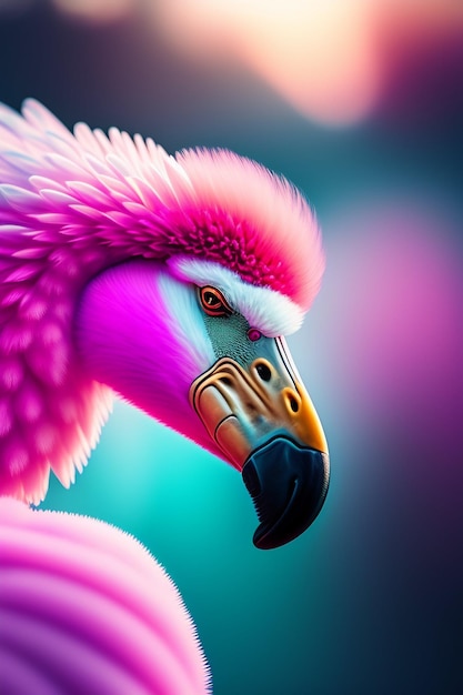 A pink flamingo with a black beak and a yellow eye.