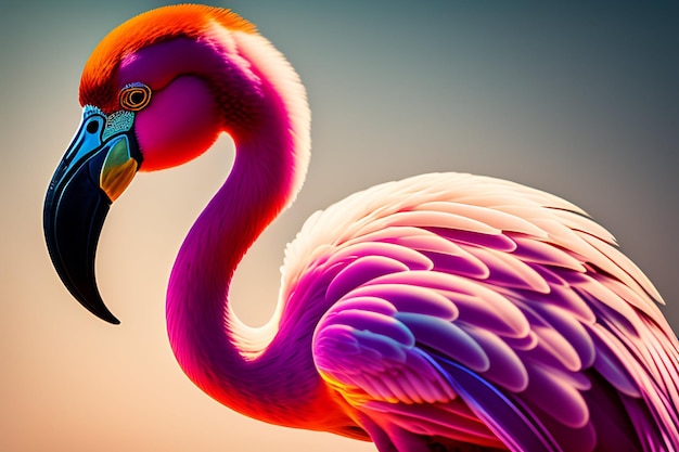 A pink flamingo with a blue beak is shown
