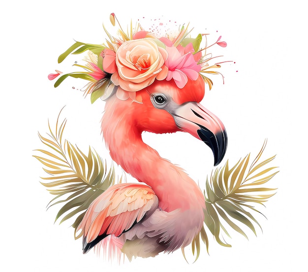 A pink flamingo with a flower crown on it