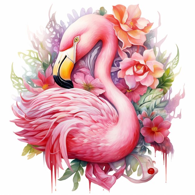 a pink flamingo with flowers and a pink flamingo