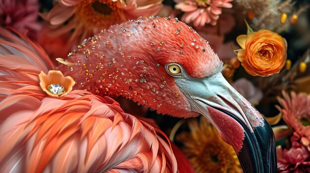 розовый фламинго с цветами
