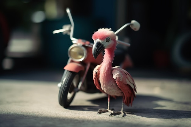 Pink flamingo with motorbike freedom concept Generative Ai